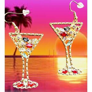 Cocktail Drink Earrings Martini Rhinestones Cruise Beach Island Vacation New
